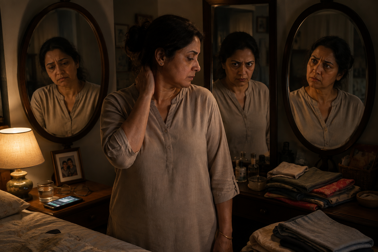 Indian woman in midlife standing quietly after a family gathering, reflecting the emotional weight of perimenopause, rage, grief, invisibility and being dismissed as hormonal.