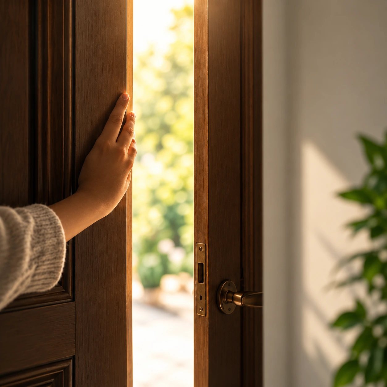 A partly open door, representing the difficulty of saying no.
