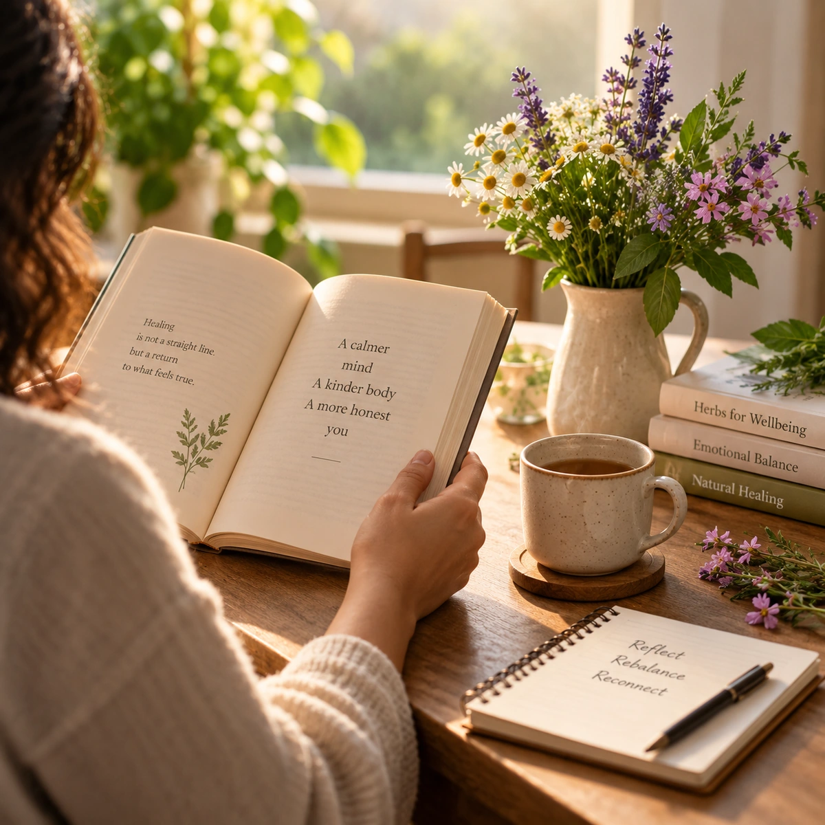 A person reading about Bach Flower Remedies with botanical samples nearby