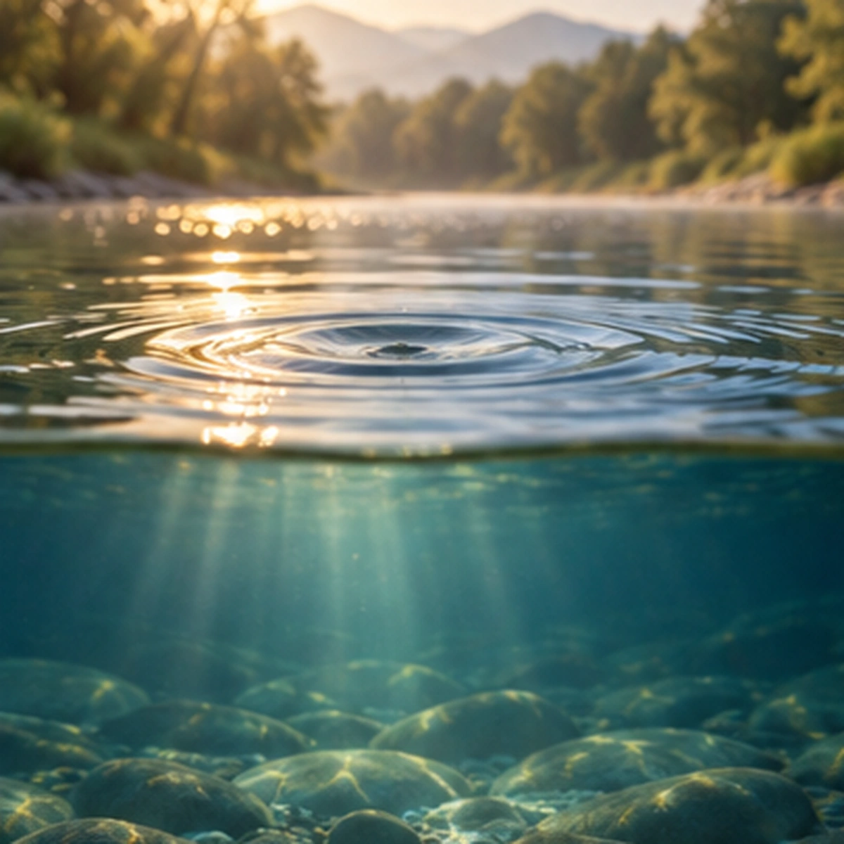 A river with a surface ripple over calm water, representing a present state layered over a base state.