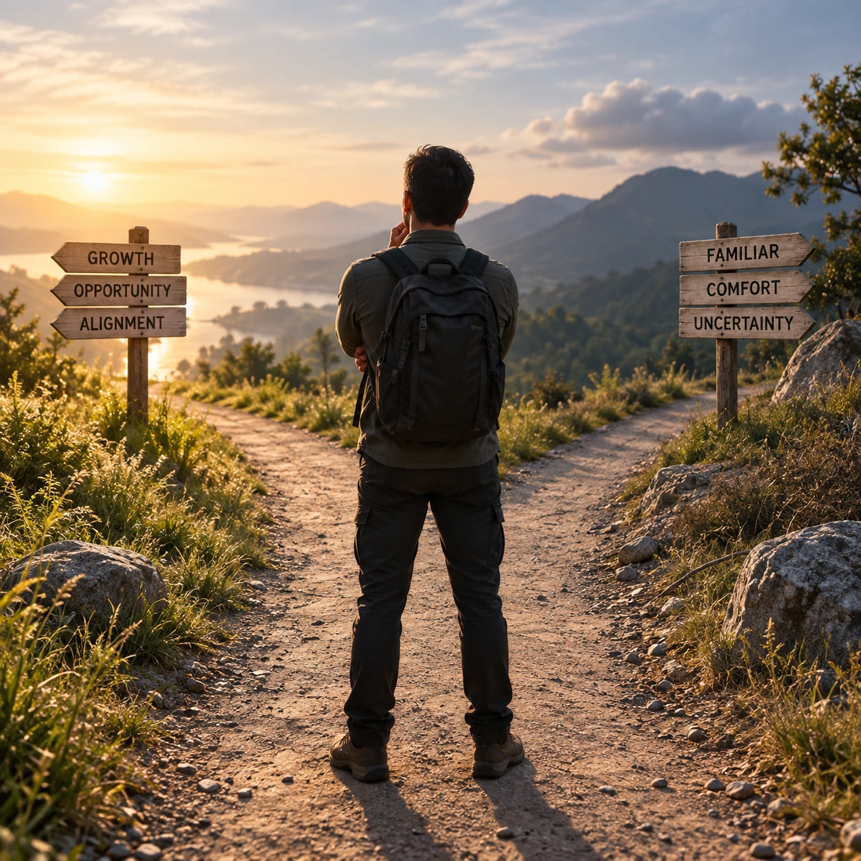 A person at a fork in the path, representing indecision and self-doubt