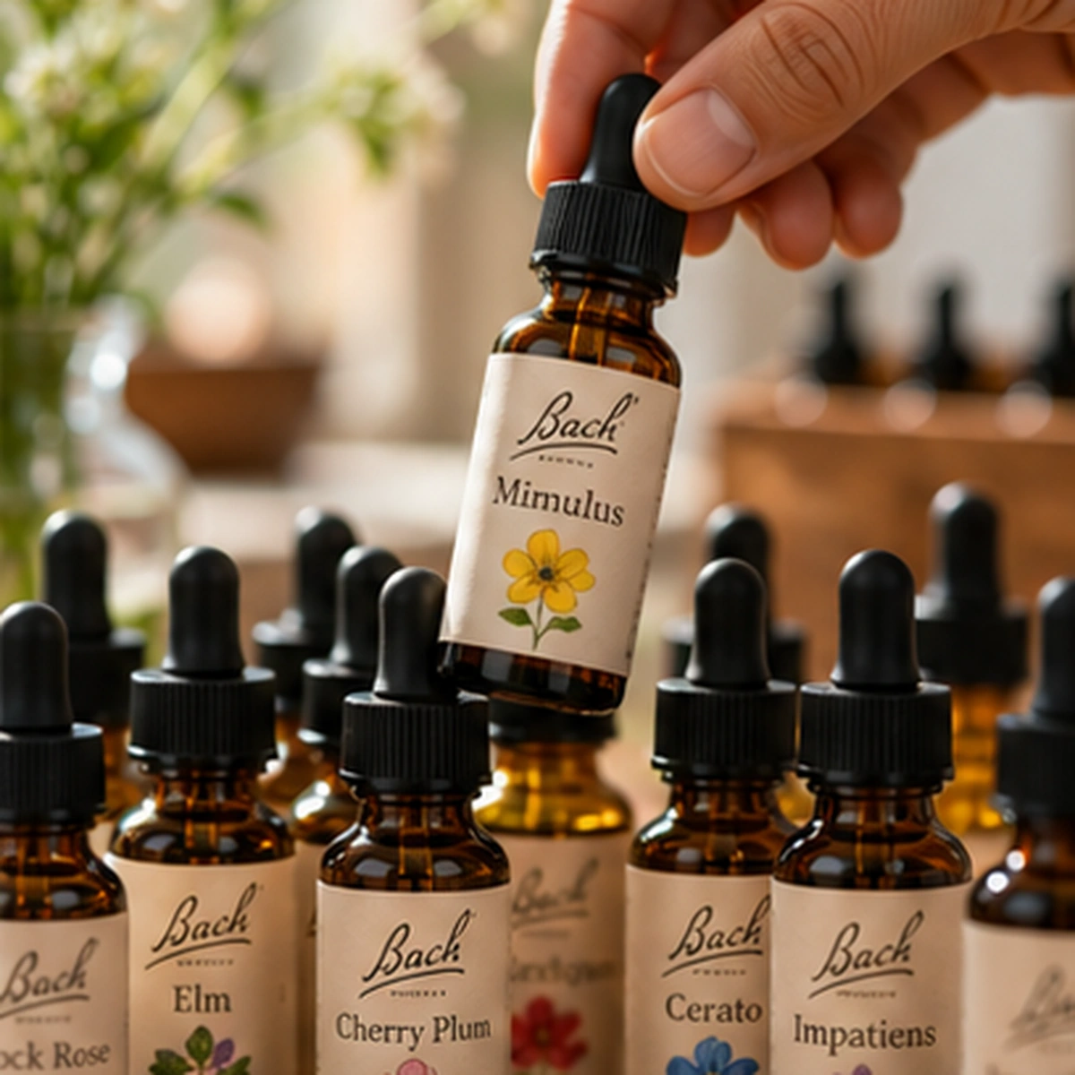 Several Bach Flower Remedy bottles arranged together, with one being selected